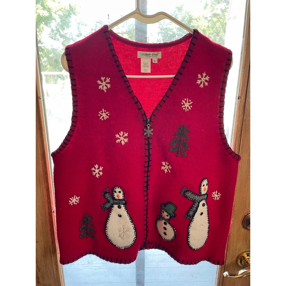 Coldwater Creek Wool‎ Christmas Vest Snowman Tree Holiday Red Womens L